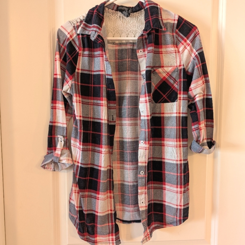 M Lightweight Plaid Linen Shirt, Rolled Sleeves, Button-Up, Lace Back